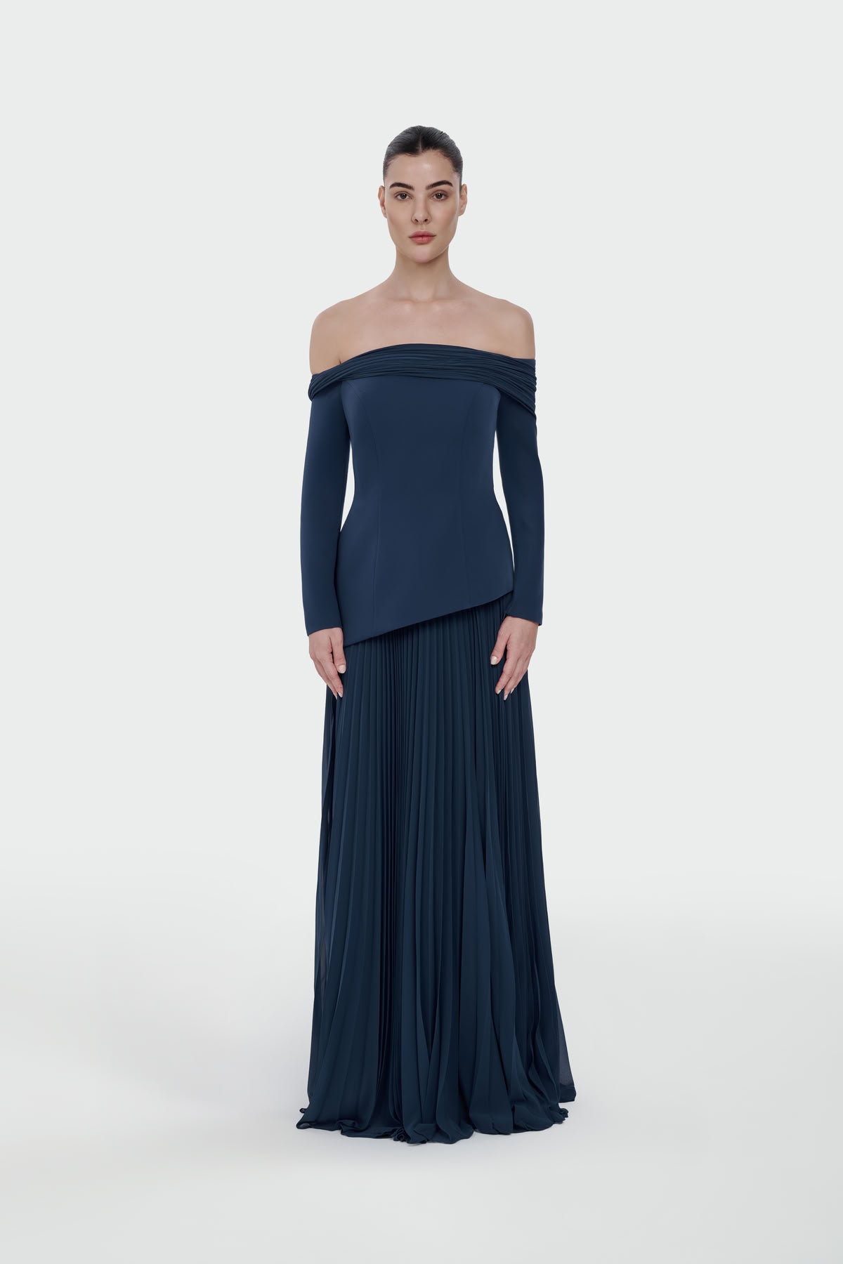 Off-Shoulder Pleated Maxi Dress 1308