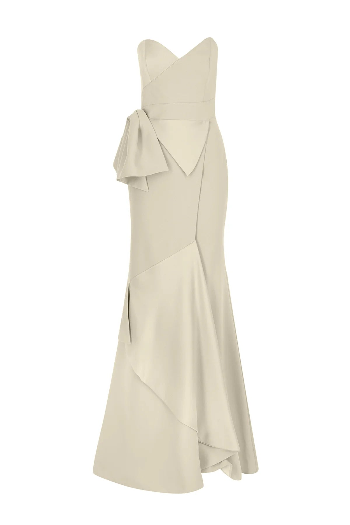 BELİ FİYONKLU STRAPLEZ YIRTMAÇLI ABİYE ELBİSE