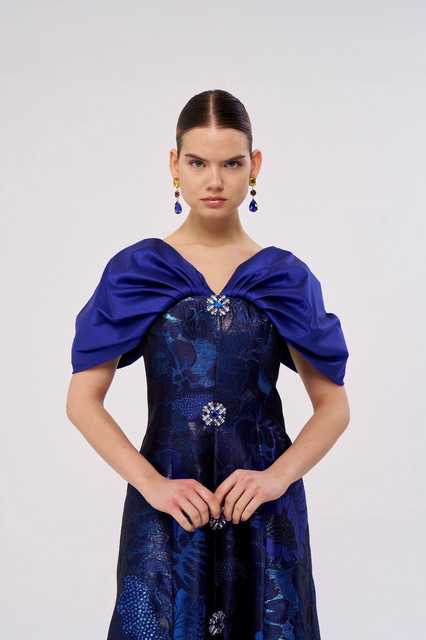 Structured Floral Evening Dress with Draped Shoulder Detail