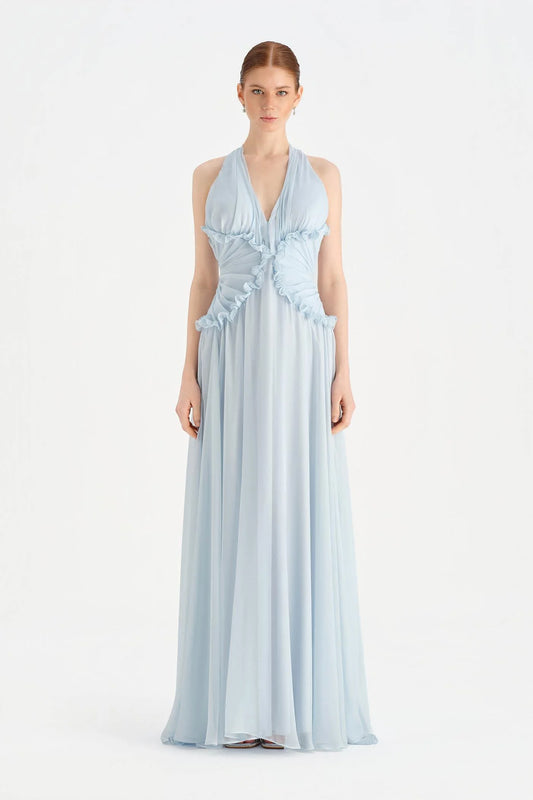 BOYUNDAN ASKILI BEL DETAYLI ŞİFON ABİYE ELBİSE - 26151C