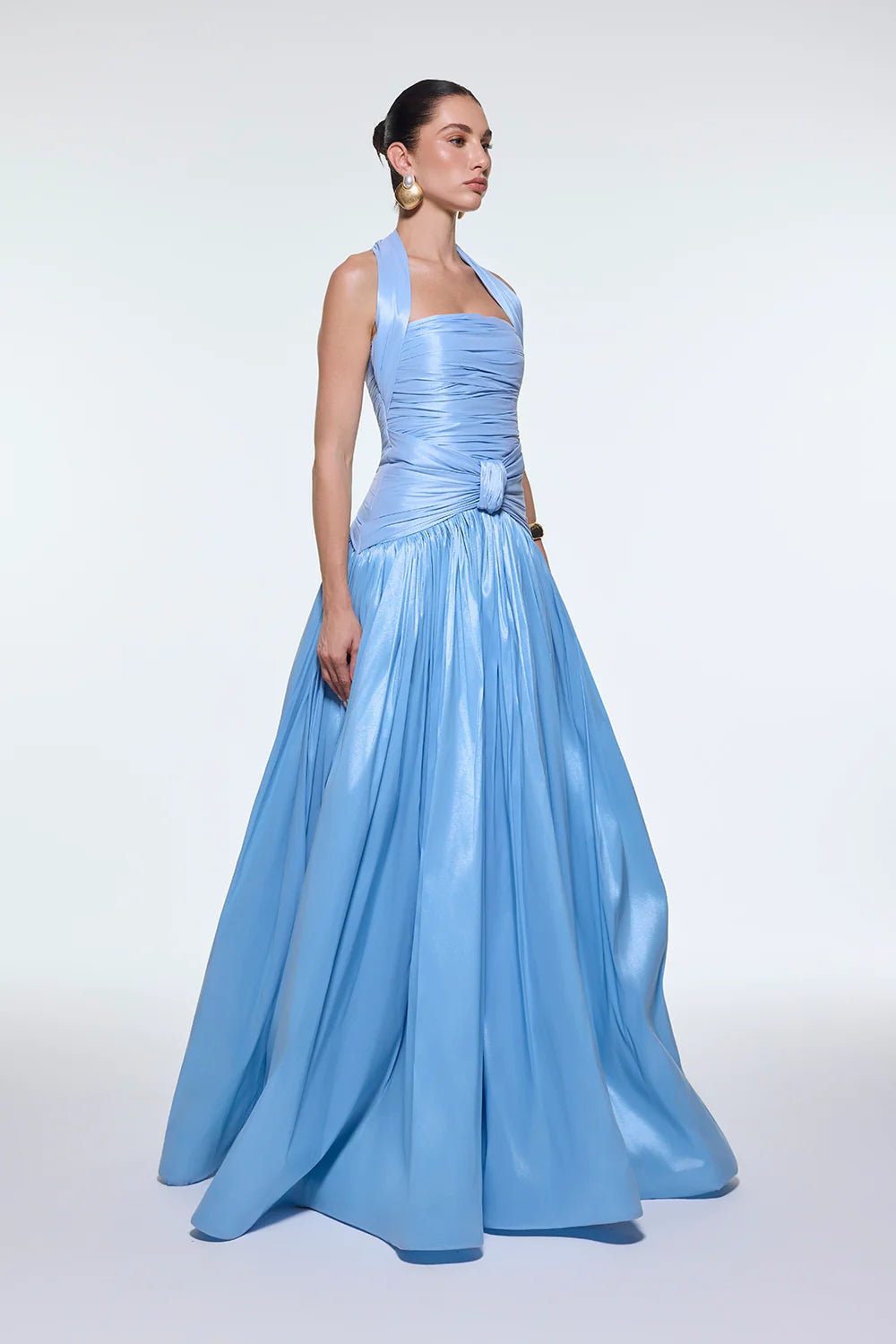 BOYUNDA ASKILI DRAPELİ TAFTA UZUN ABİYE ELBİSE - 9280C