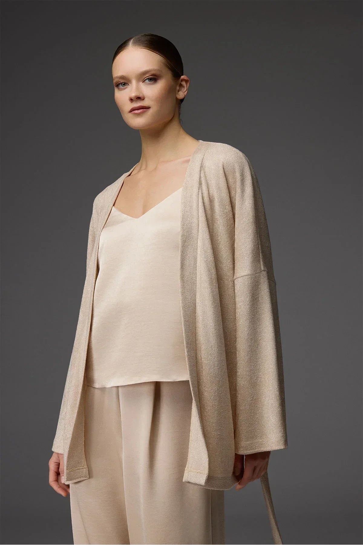 Viscose Jacquard Bustier, Pants, and Knit Robe 3-Piece Set