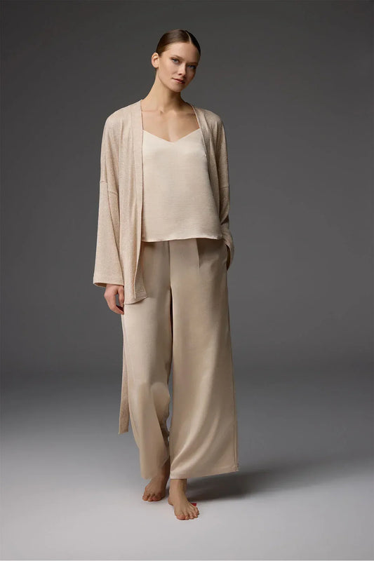 Viscose Jacquard Bustier, Pants, and Knit Robe 3-Piece Set
