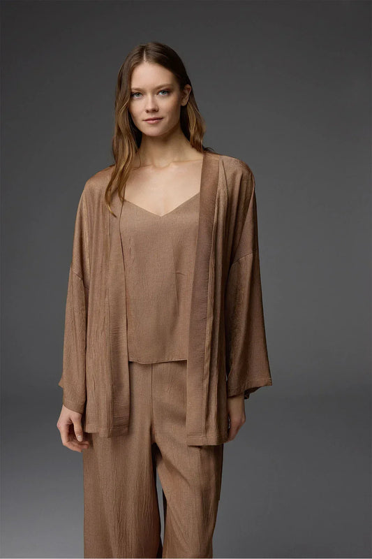 Tencel Viskon Askılı Büstiyer Sabahlık Pantolon 3 Lü Takım
