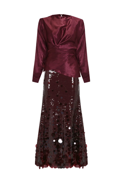 Sequin Embellished Skirt Set with Draped Satin Blouse 2242