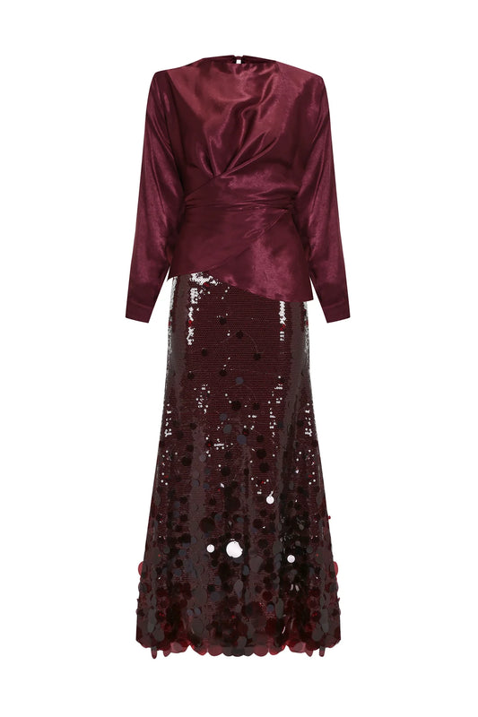 Sequin Embellished Skirt Set with Draped Satin Blouse 2242