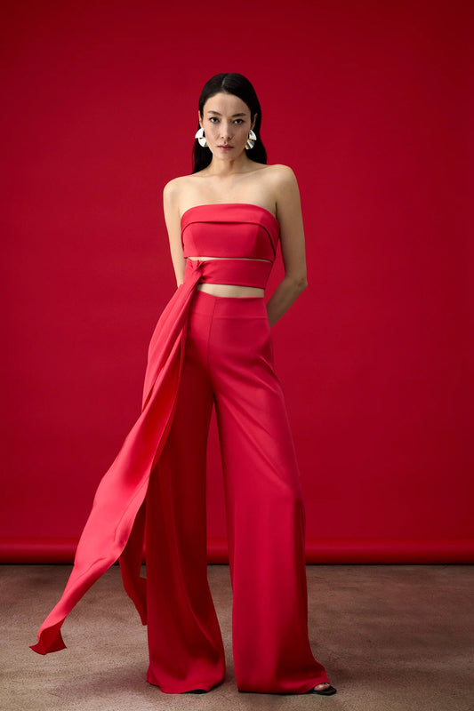 KUŞAK DETAYLI STRAPLEZ BOL PAÇA PANTOLON CROP ABİYE TAKIM 2105