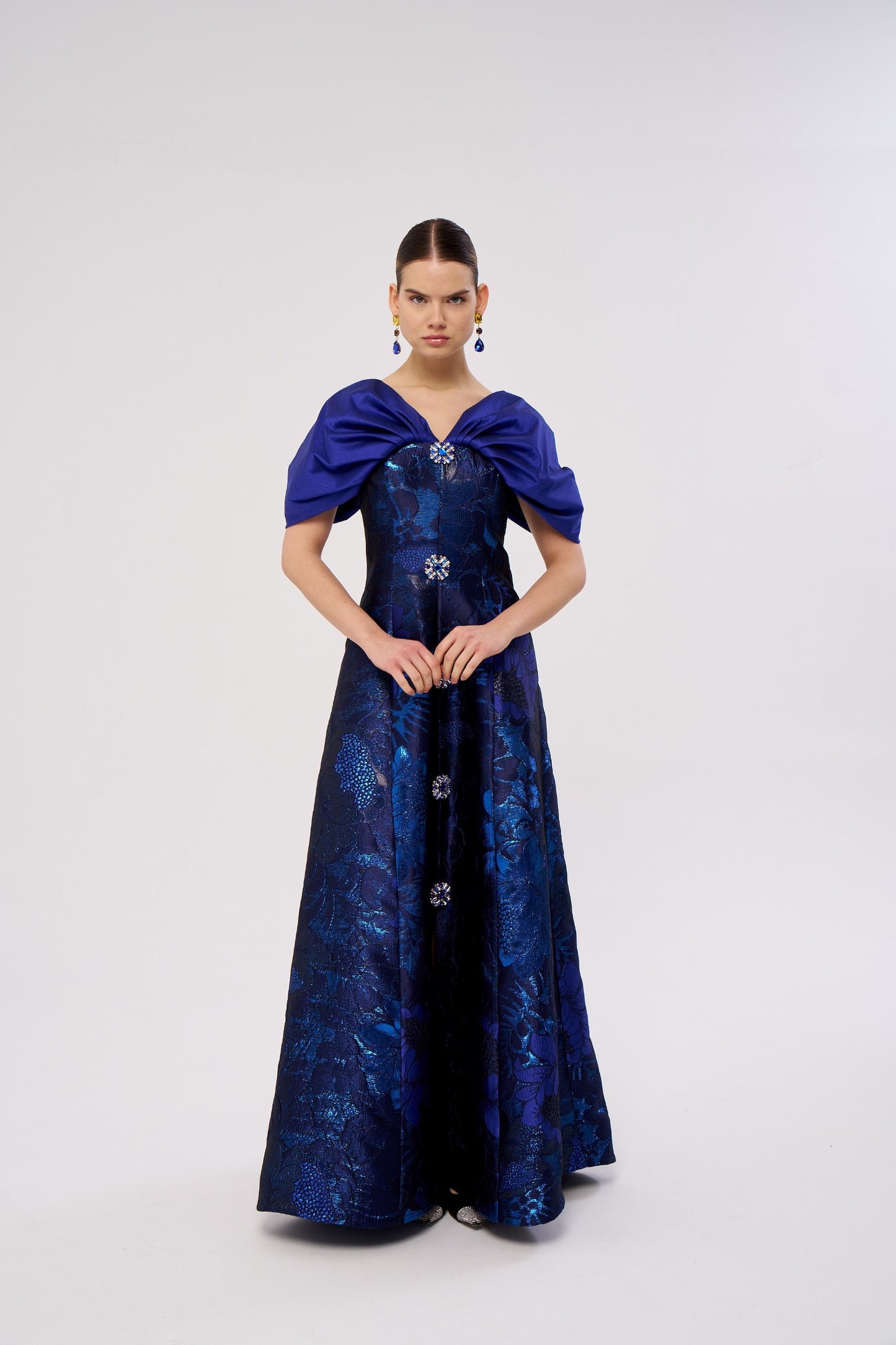 Structured Floral Evening Dress with Draped Shoulder Detail