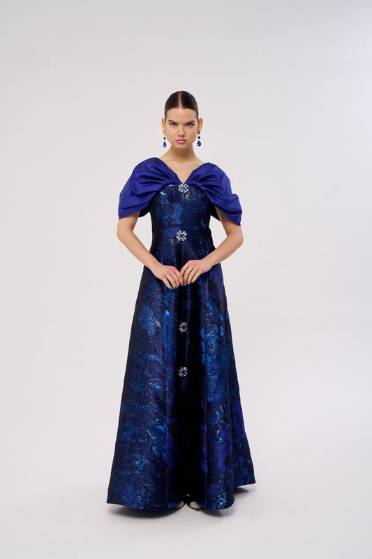 Structured Floral Evening Dress with Draped Shoulder Detail