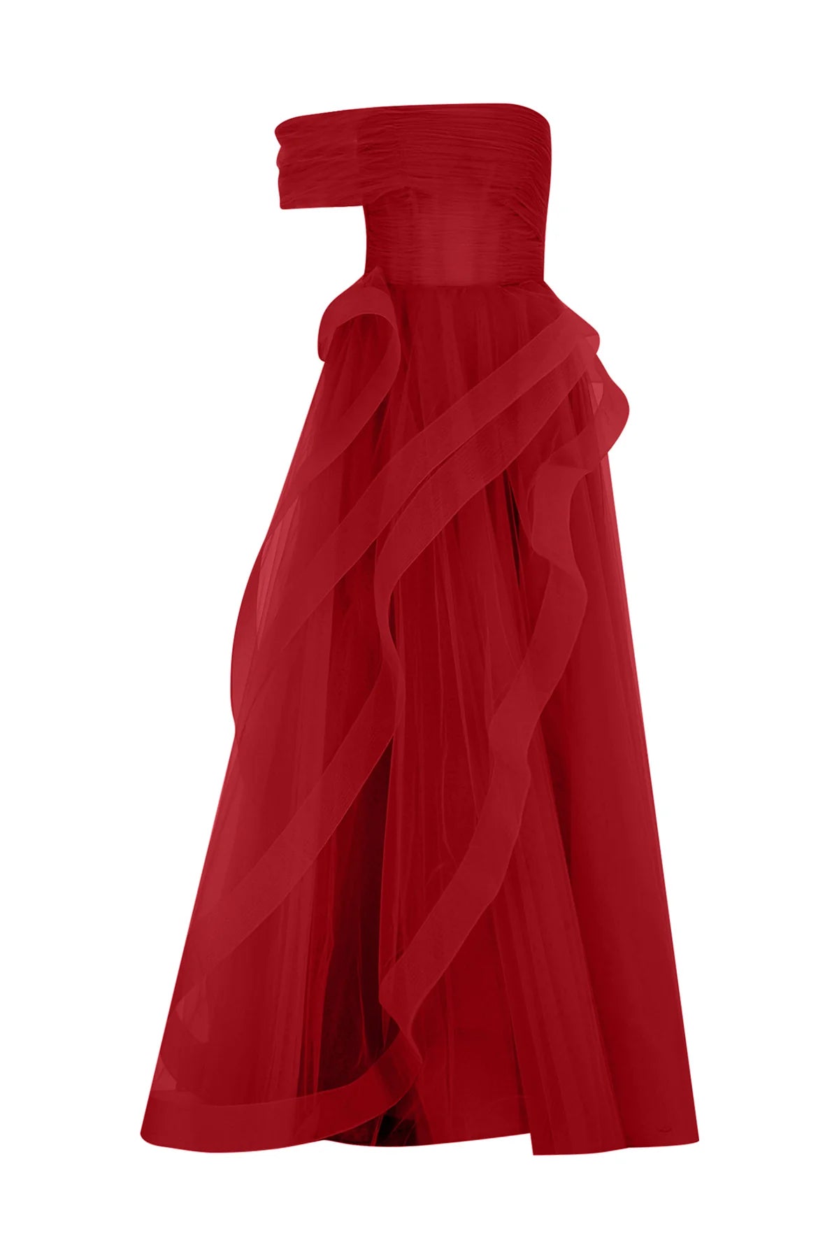 TEK OMUZ VOLAN DETAYLI TÜL UZUN ABİYE ELBİSE