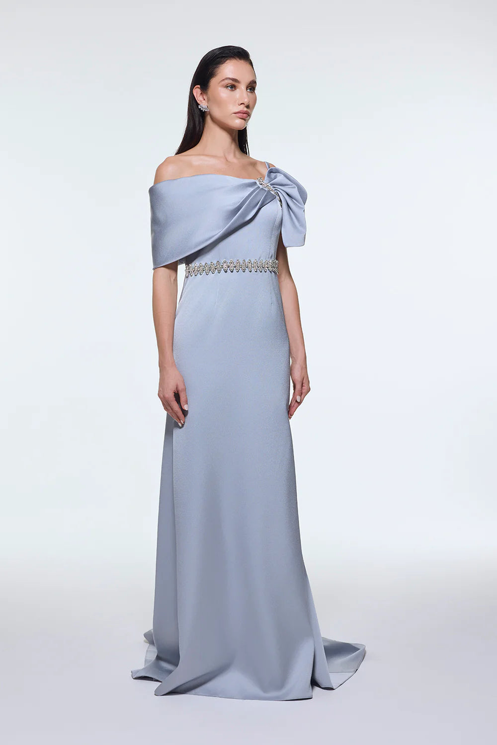 TAŞ İŞLEMELİ KEMER DETAYLI UZUN ABİYE ELBİSE - 9294C