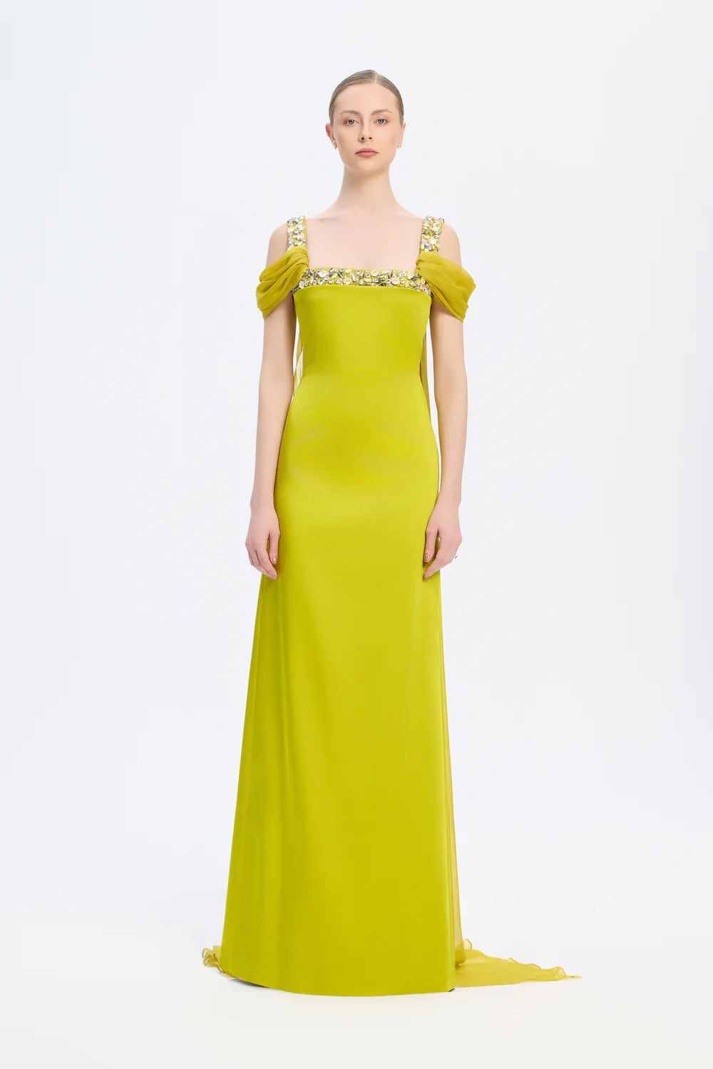 ŞİFON PELERİNLİ TAŞ İŞLEMELİ ASKILI UZUN ABİYE ELBİSE - 9053C