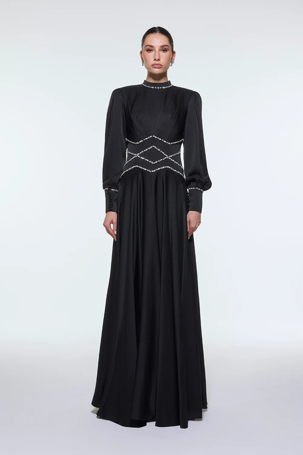 TAŞ İŞLEMELİ DİK YAKA SATEN UZUN ABİYE ELBİSE - 9219C