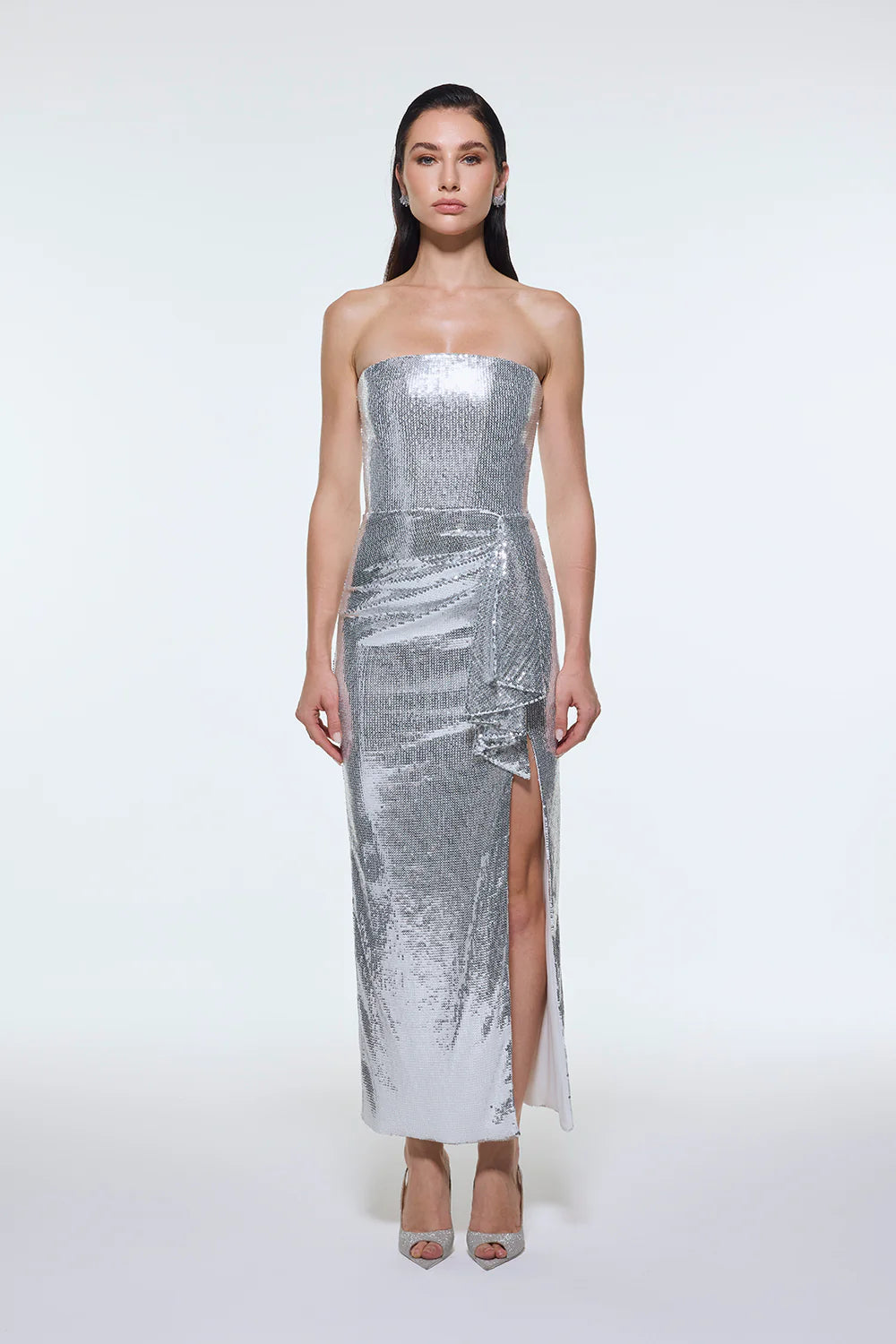 BEL DRAPE DETAYLI STRAPLEZ MİDİ ABİYE ELBİSE - 9295C