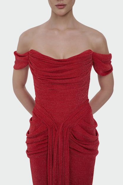 Shimmer Draped Off-Shoulder Evening Dress – 1387
