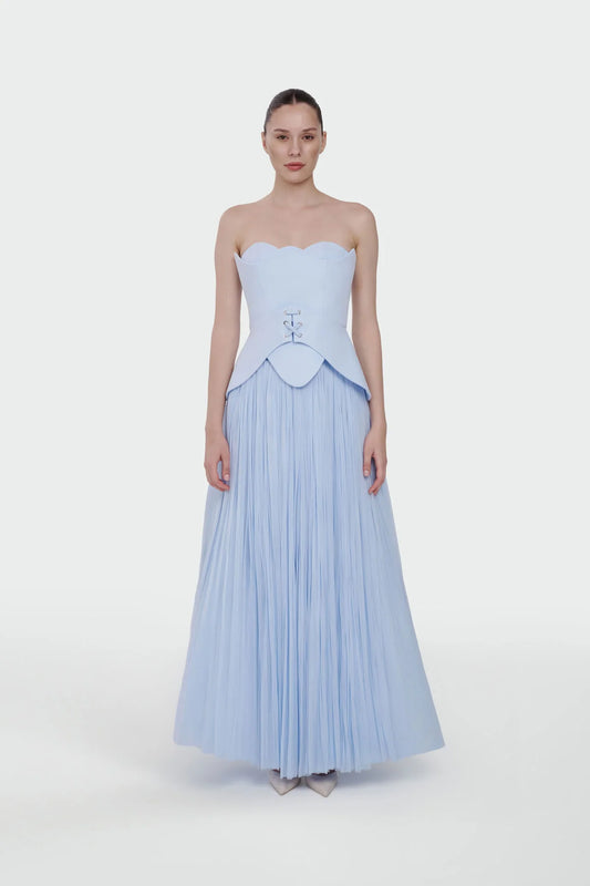 STRAPLEZ PEPLUM DETAYLI PİLİSELİ ABİYE TAKIM ELBİSE 2603
