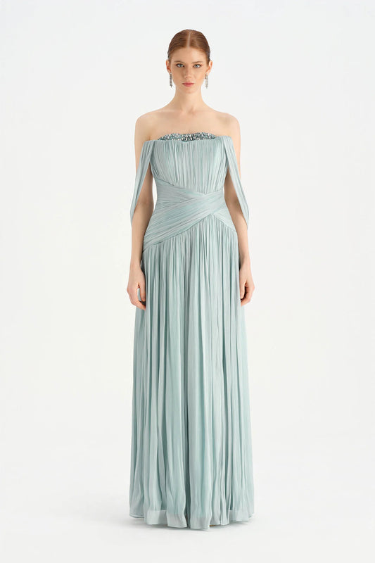 فستان سهرة من الأورغنزا بتصميم شال أنيق وفتحة جانبية جذابة – 26020C