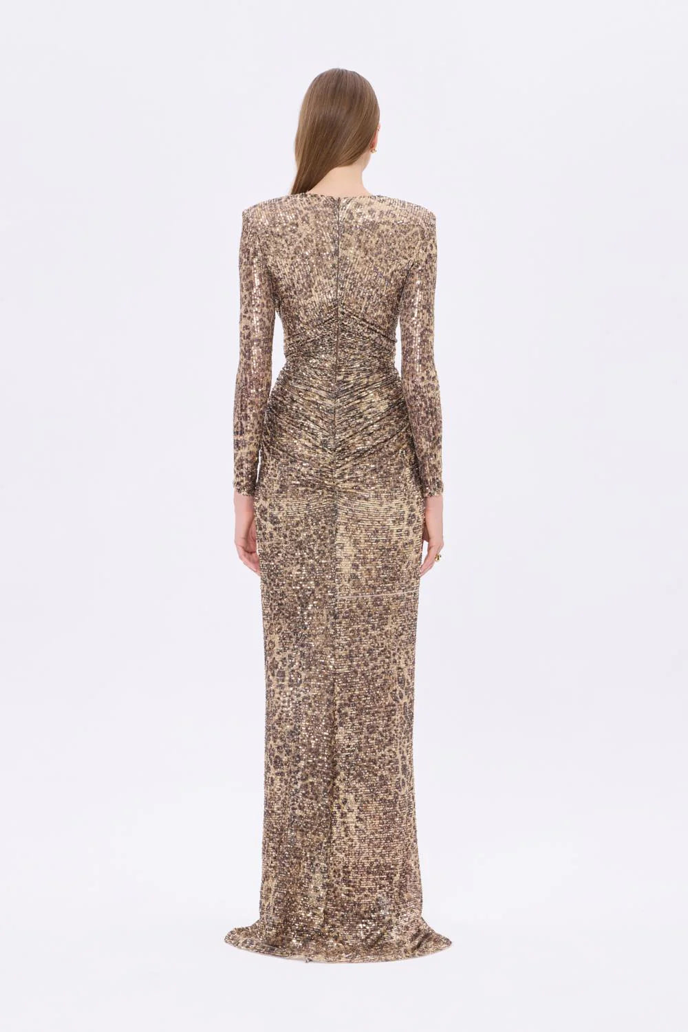 LEOPAR DESENLİ PAYET V YAKA UZUN ABİYE ELBİSE - 9333C