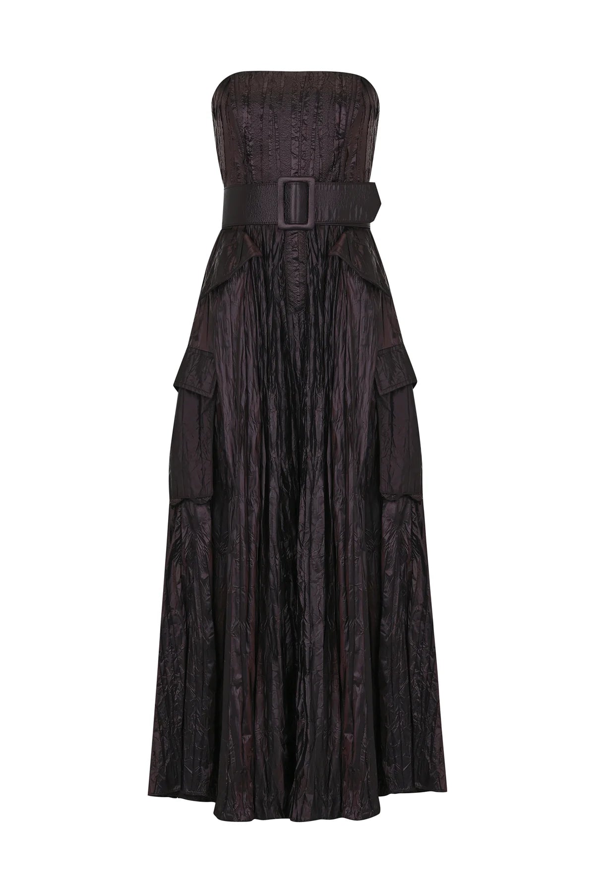 KEMER DETAYLI CEPLİ STRAPLEZ PARLAK UZUN ABİYE ELBİSE 2201