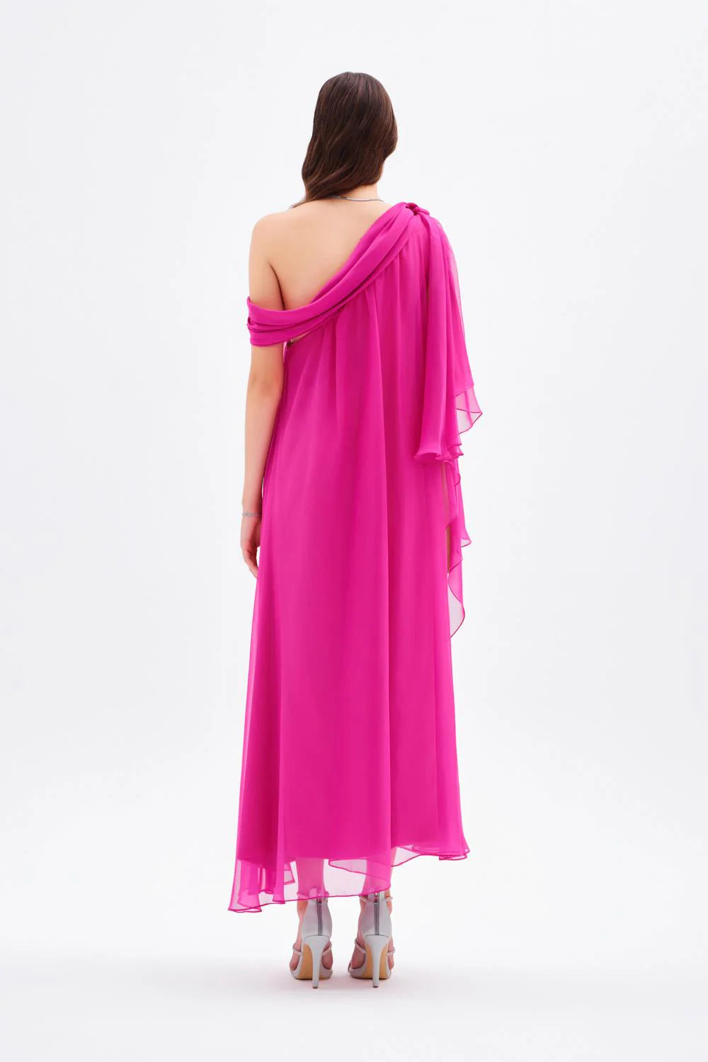 DÜŞÜK OMUZLU ŞİFON MİDİ ABİYE ELBİSE - 9081C