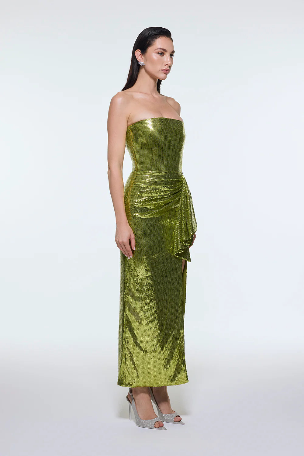 BEL DRAPE DETAYLI STRAPLEZ MİDİ ABİYE ELBİSE - 9295C