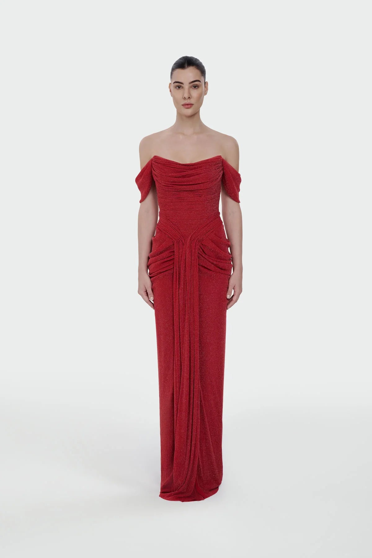 Shimmer Draped Off-Shoulder Evening Dress – 1387
