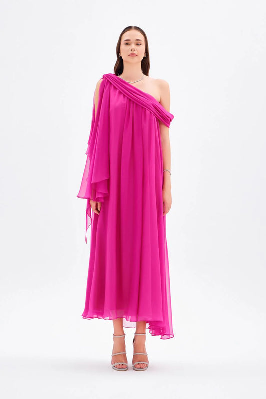 DÜŞÜK OMUZLU ŞİFON MİDİ ABİYE ELBİSE - 9081C