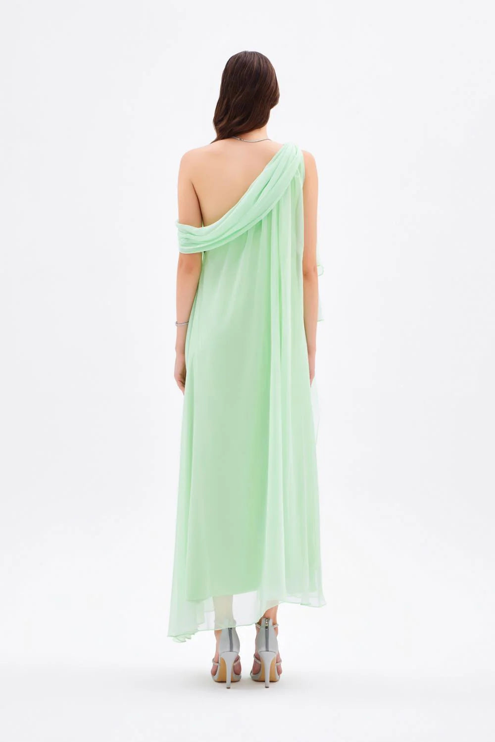 DÜŞÜK OMUZLU ŞİFON MİDİ ABİYE ELBİSE - 9081C