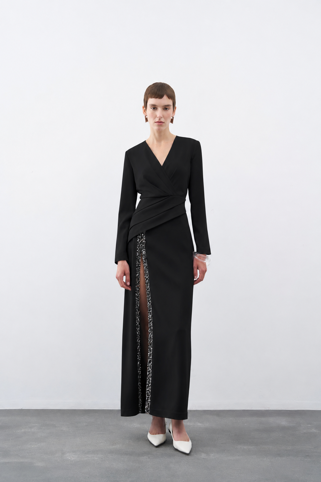 DRAPE VE İŞLEME DETAYLI YIRTMAÇLI UZUN ABİYE ELBİSE 1144