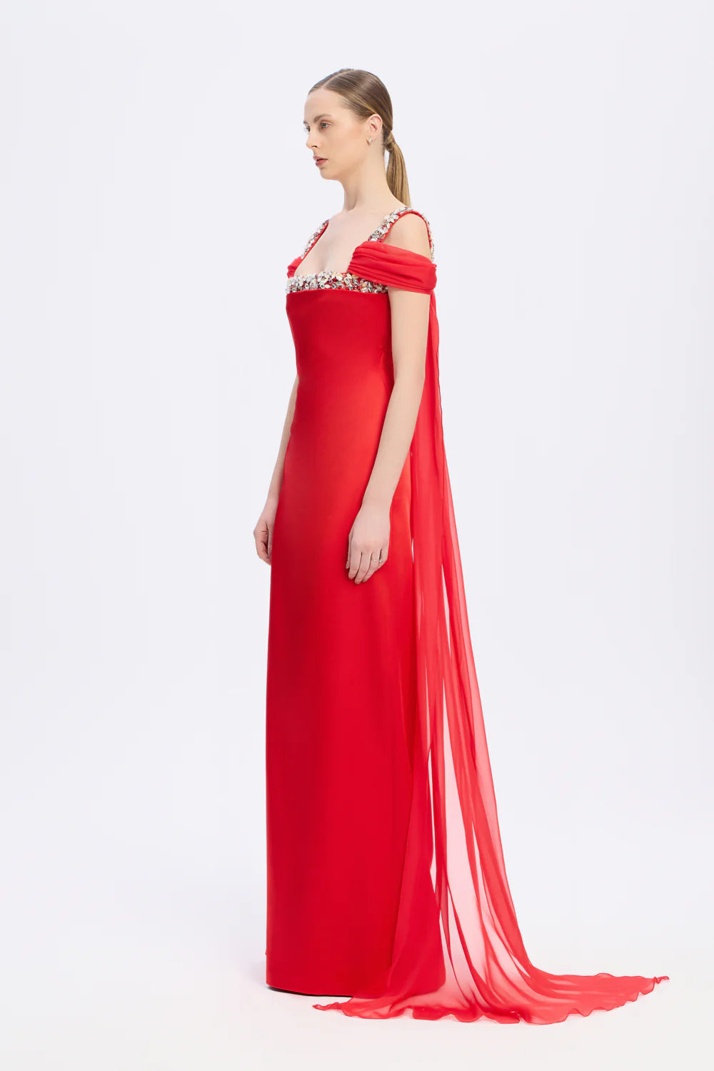 ŞİFON PELERİNLİ TAŞ İŞLEMELİ ASKILI UZUN ABİYE ELBİSE - 9053C