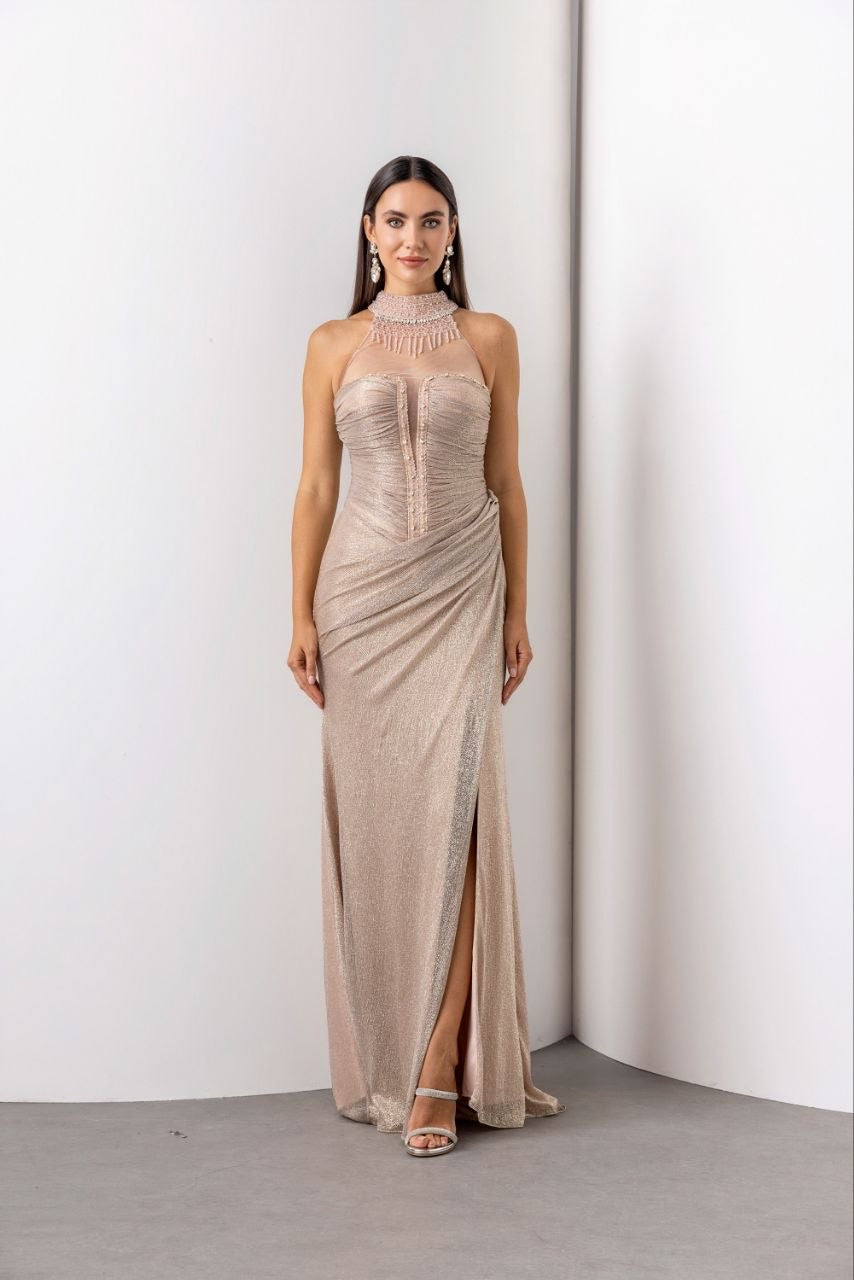 Pearl-Embellished Shimmer Evening Gown with Side Slit