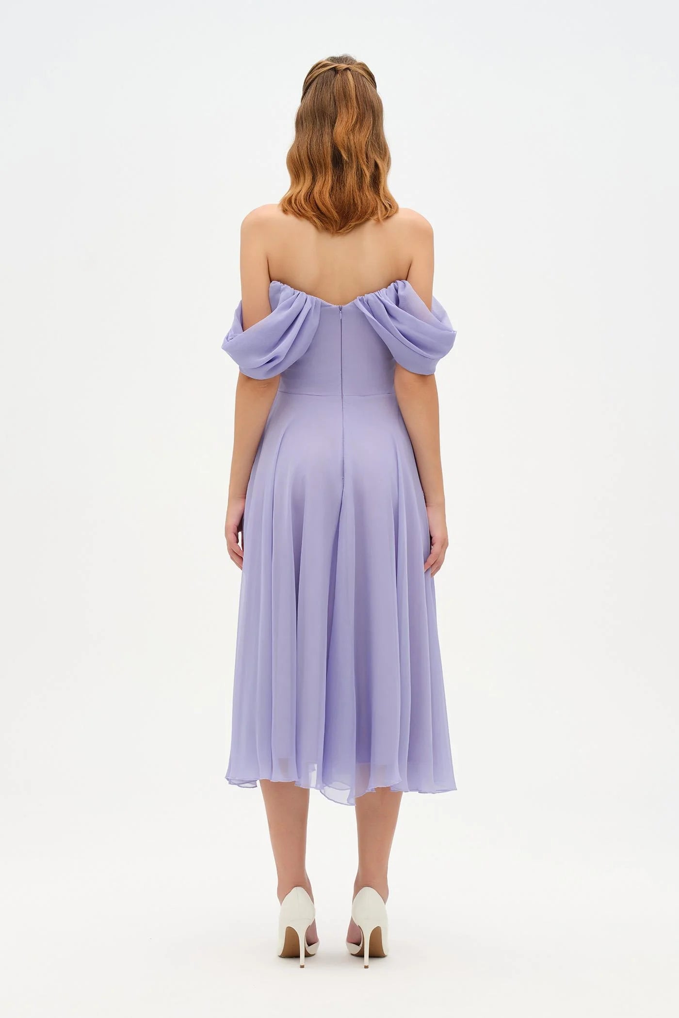 DÜŞÜK KOL İNCE DRAPE DETAYLI MİDİ ŞİFON ABİYE ELBİSE - 26202C