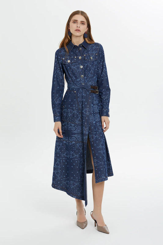 Desenli Yırtmaçlı Denim Midi Elbise