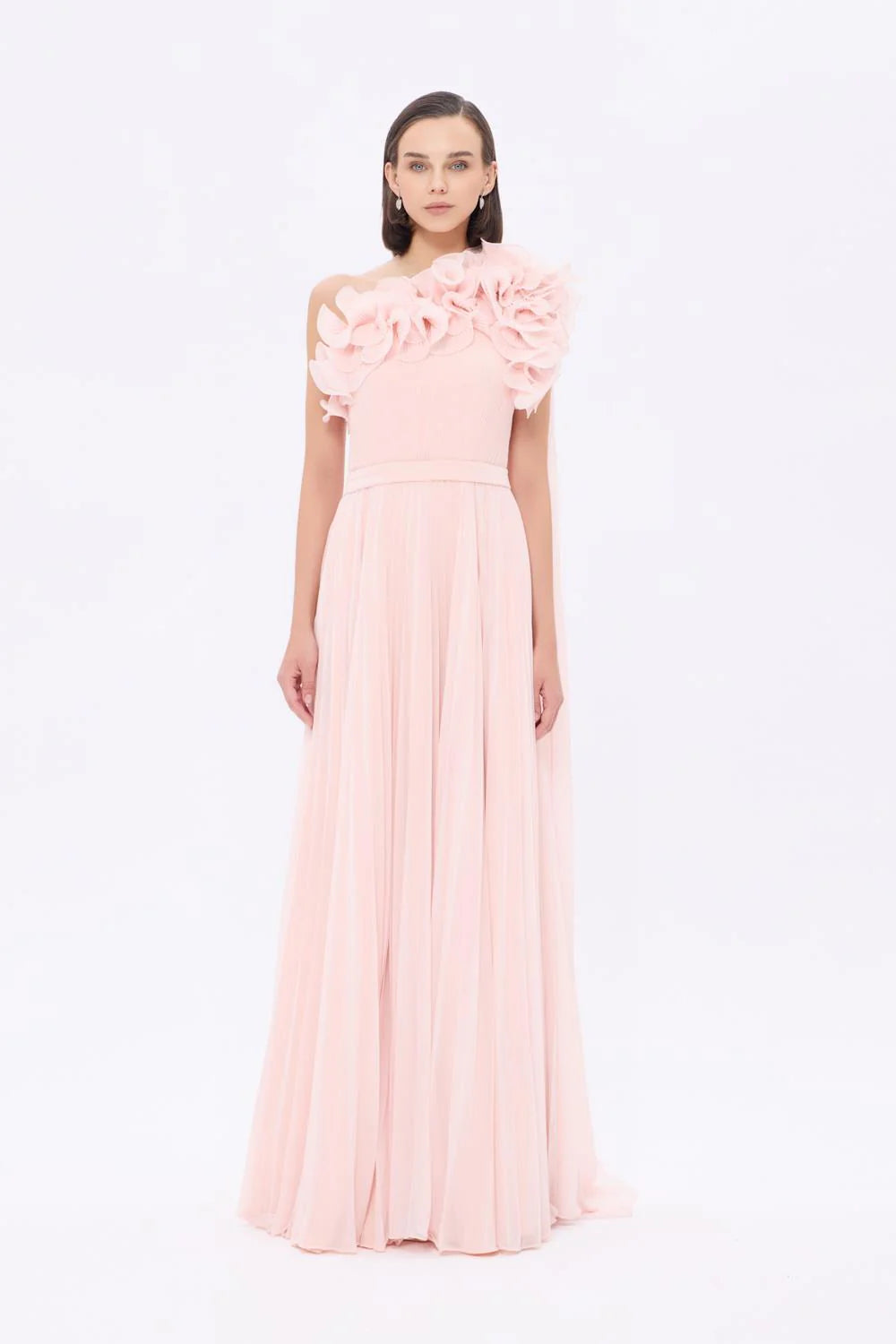 TEK OMUZ ÇİÇEK DETAYLI UZUN ABİYE ELBİSE - AP0020