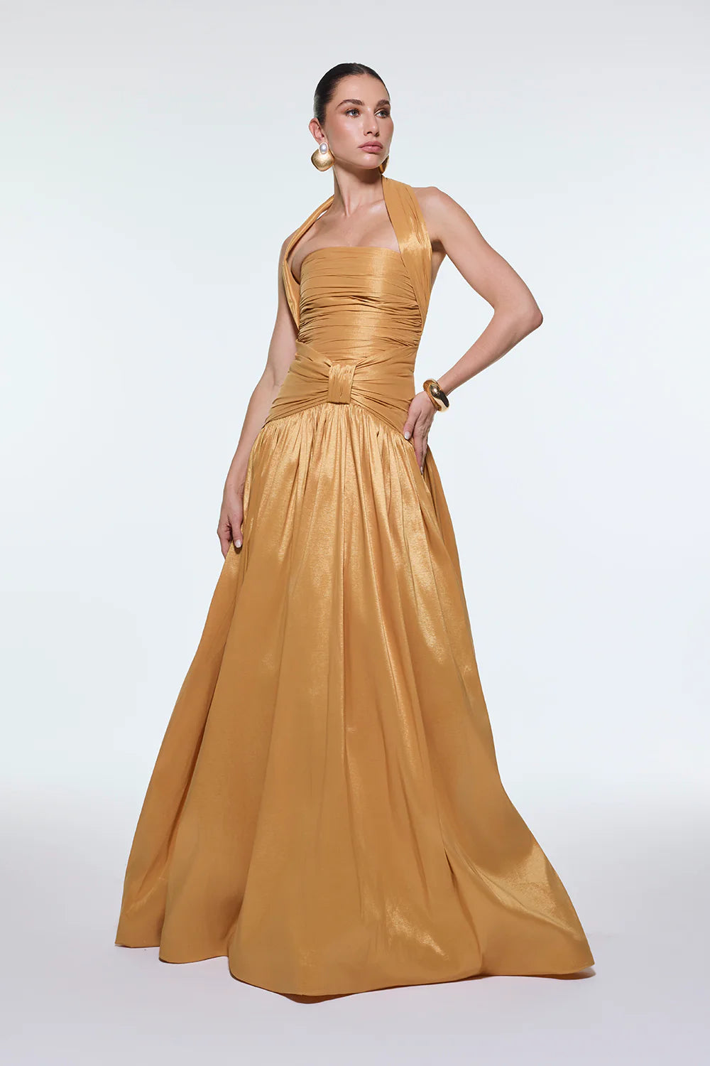 BOYUNDA ASKILI DRAPELİ TAFTA UZUN ABİYE ELBİSE - 9280C