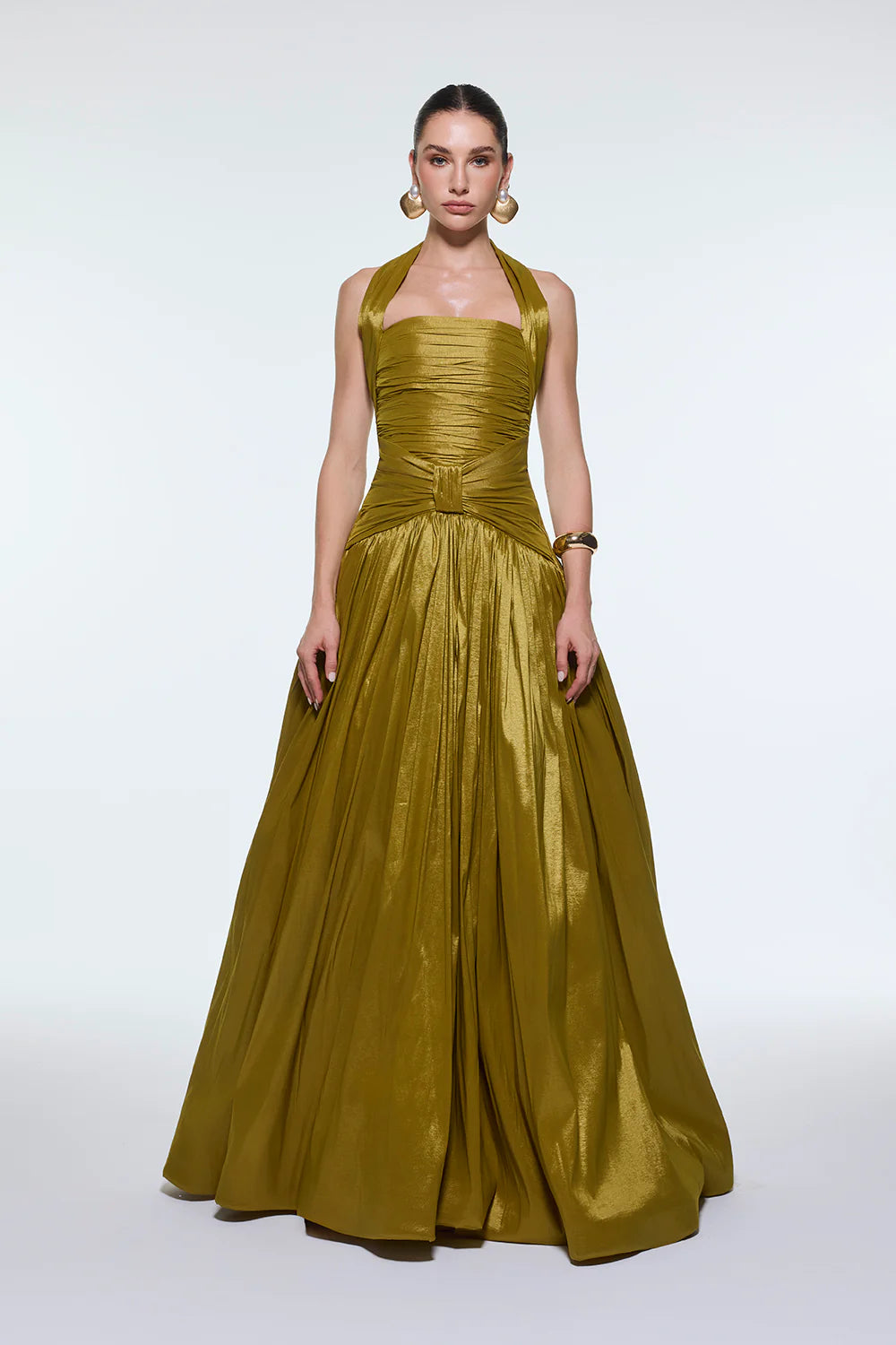 BOYUNDA ASKILI DRAPELİ TAFTA UZUN ABİYE ELBİSE - 9280C