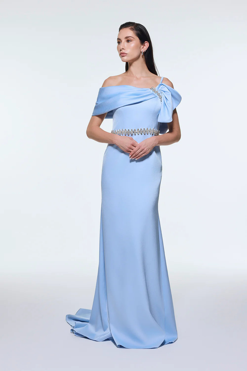 TAŞ İŞLEMELİ KEMER DETAYLI UZUN ABİYE ELBİSE - 9294C