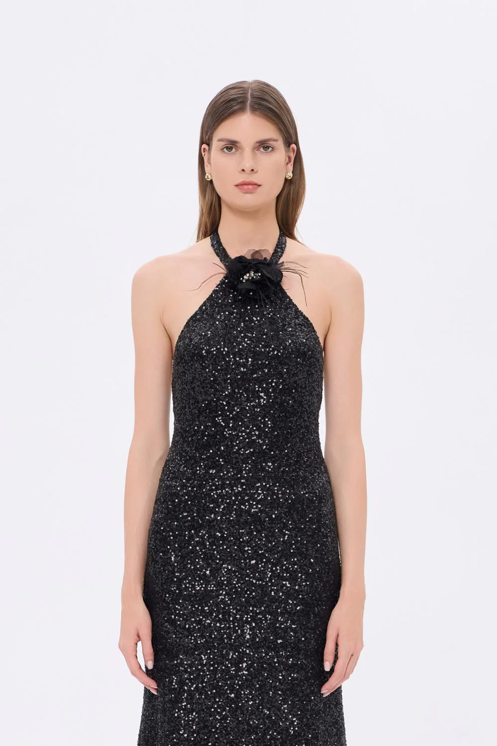 BOYUNDAN ASKILI ÇİÇEK DETAYLI PAYET UZUN ABİYE ELBİSE - 9348C