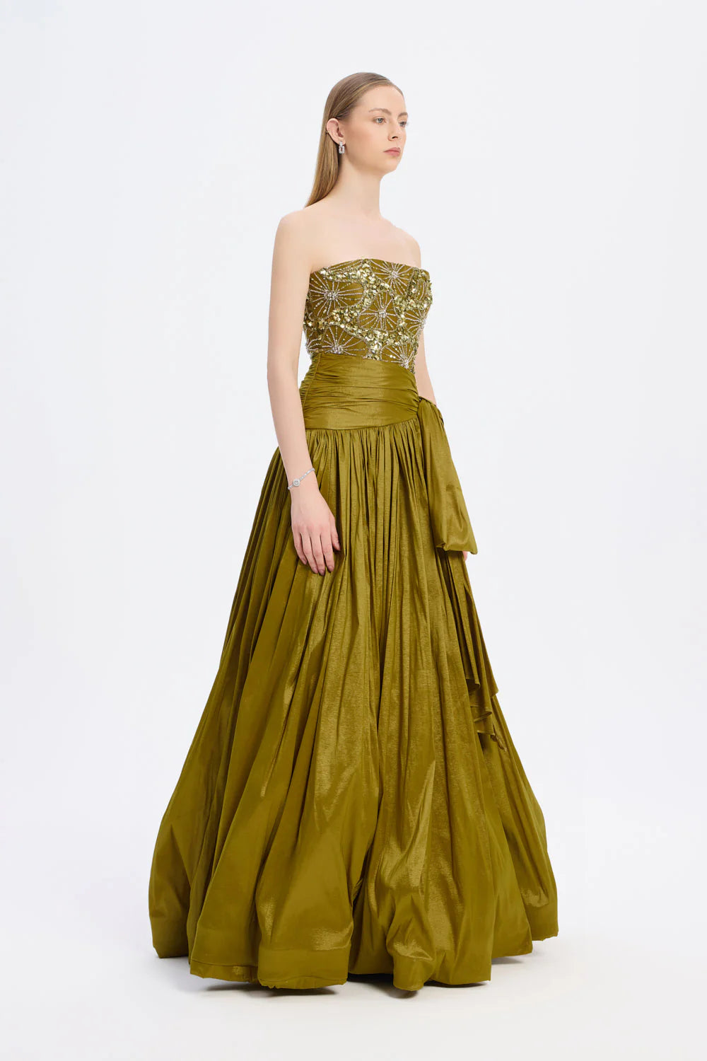 TAŞ İŞLEMELİ YIRTMAÇLI TAFTA UZUN ABİYE ELBİSE - 9107C