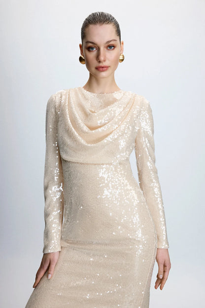 DRAPE DETAYLI PUL PAYETLİ ABİYE  ELBİSE 9116