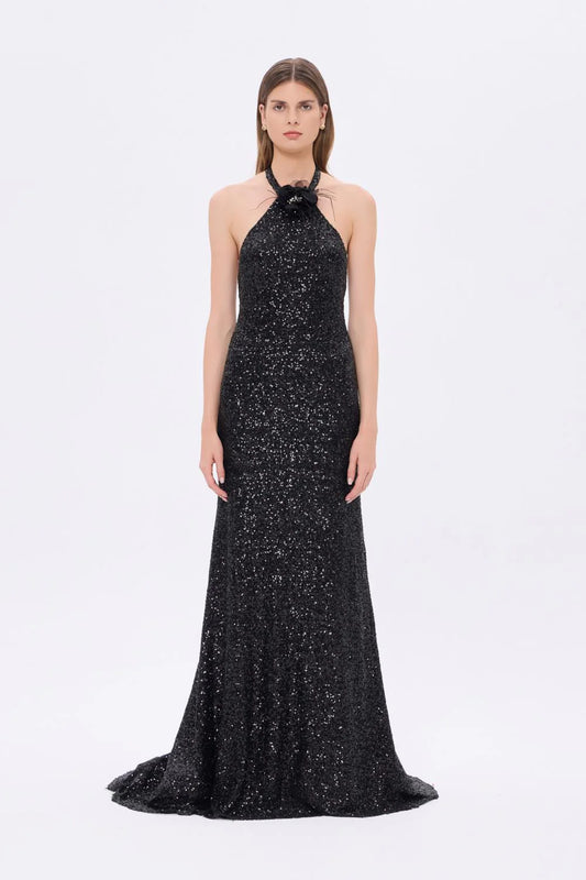 BOYUNDAN ASKILI ÇİÇEK DETAYLI PAYET UZUN ABİYE ELBİSE - 9348C