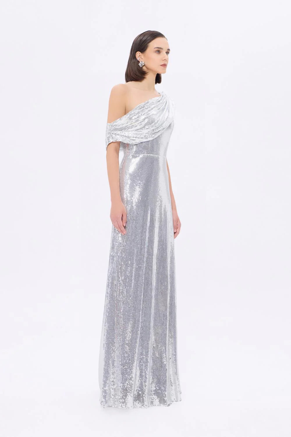 9305C Asimetrik Yaka Uzun Payetli Abiye Elbise