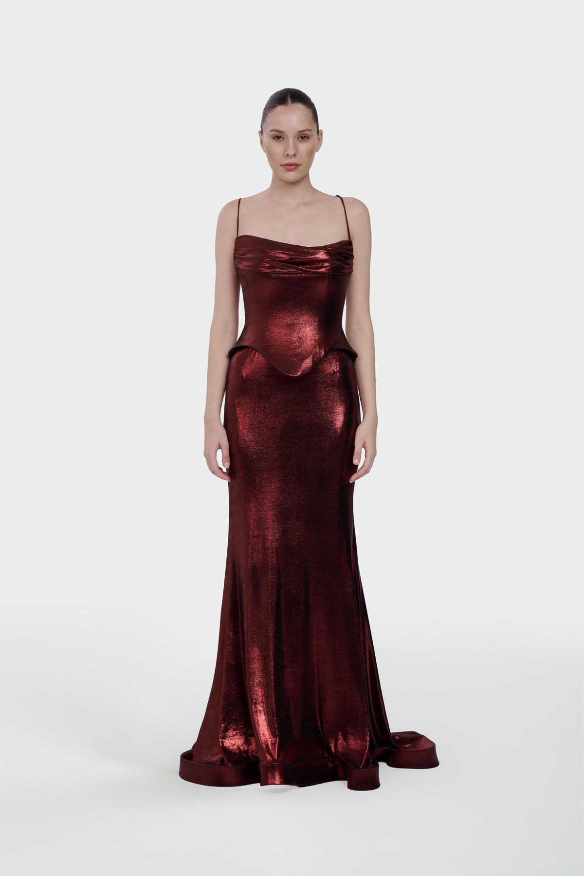 İNCE ASKILI DRAPE DETAYLI ABİYE ELBİSE 1365