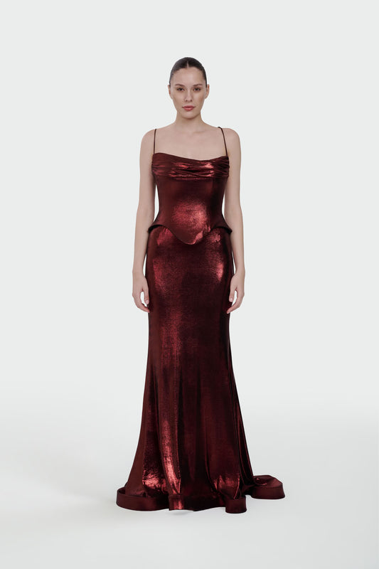 İNCE ASKILI DRAPE DETAYLI ABİYE ELBİSE 1365