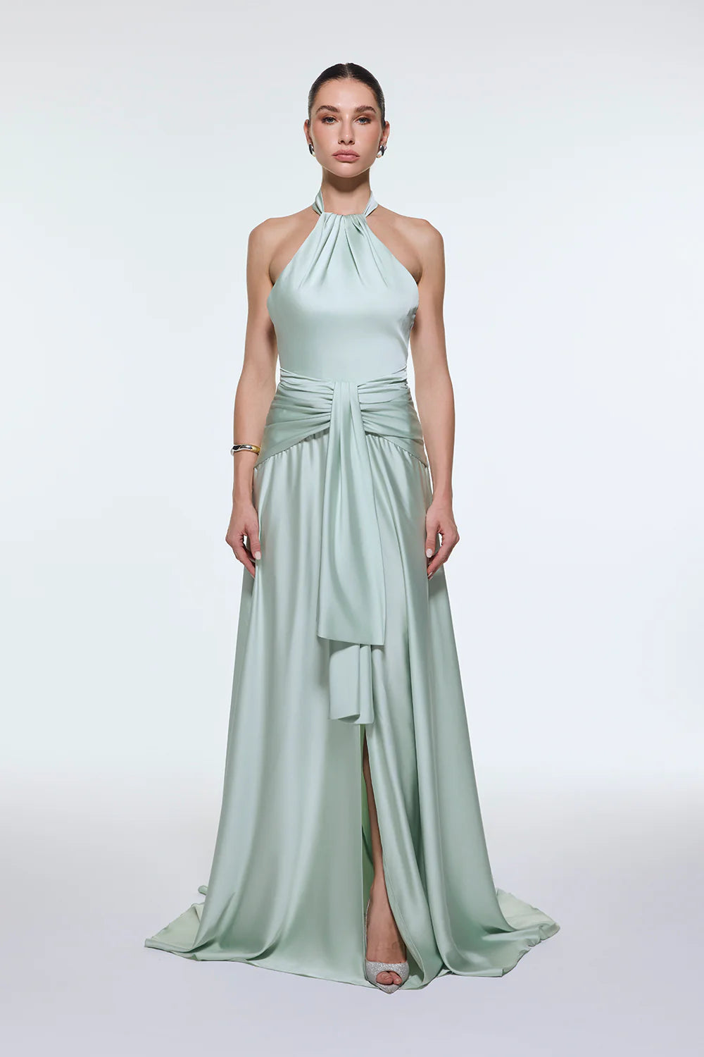 BOYUNDAN ASKILI BEL DRAPE DETAYLI UZUN ABİYE ELBİSE - 9253C