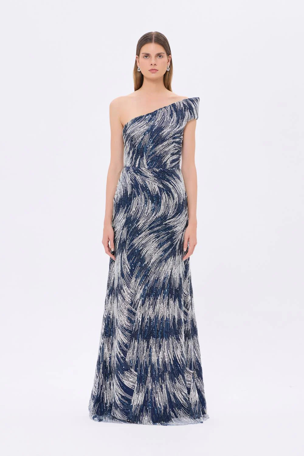 9354C Taş İşlemeli Tek Omuzlu Uzun Abiye Elbise