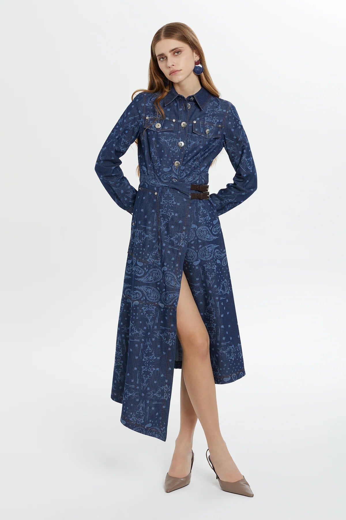Desenli Yırtmaçlı Denim Midi Elbise