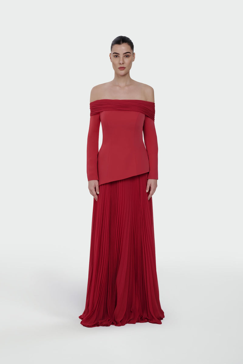 Off-Shoulder Pleated Maxi Dress 1308