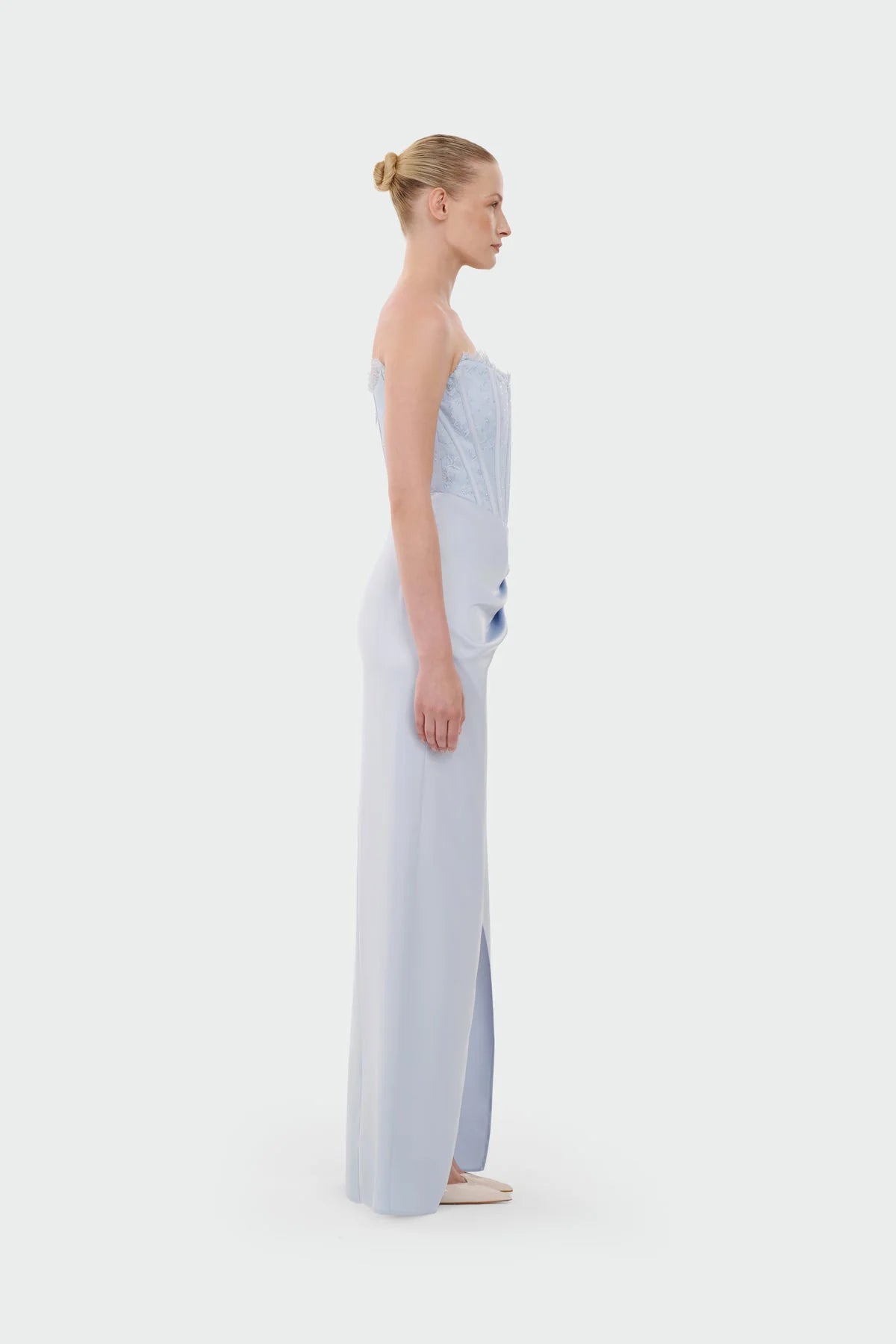 STRAPLEZ DRAPELİ YIRTMAÇLI ABİYE ELBİSE 1372
