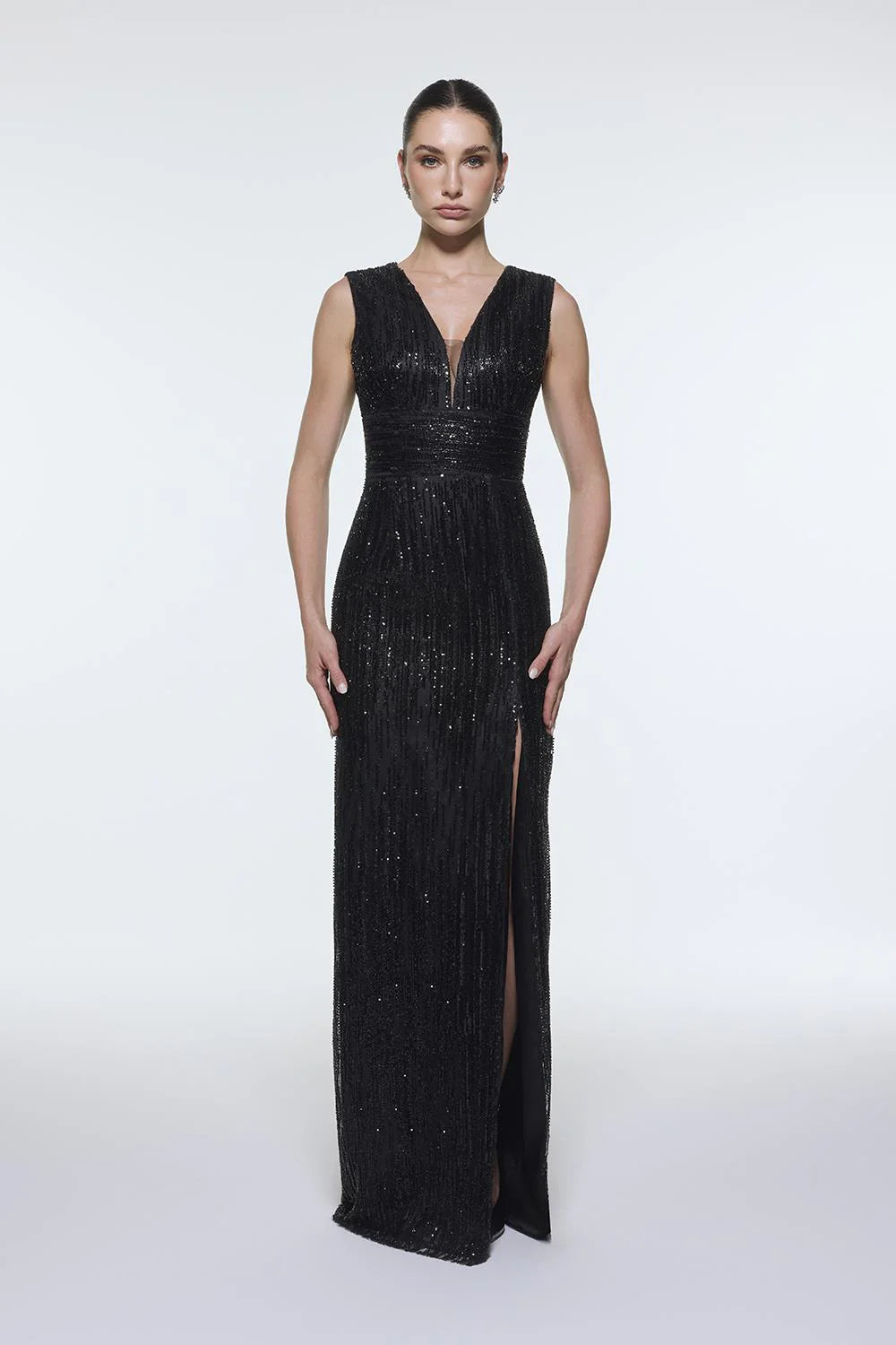 V YAKALI KOLSUZ TAŞ İŞLEMELİ ABİYE ELBİSE - 9349C